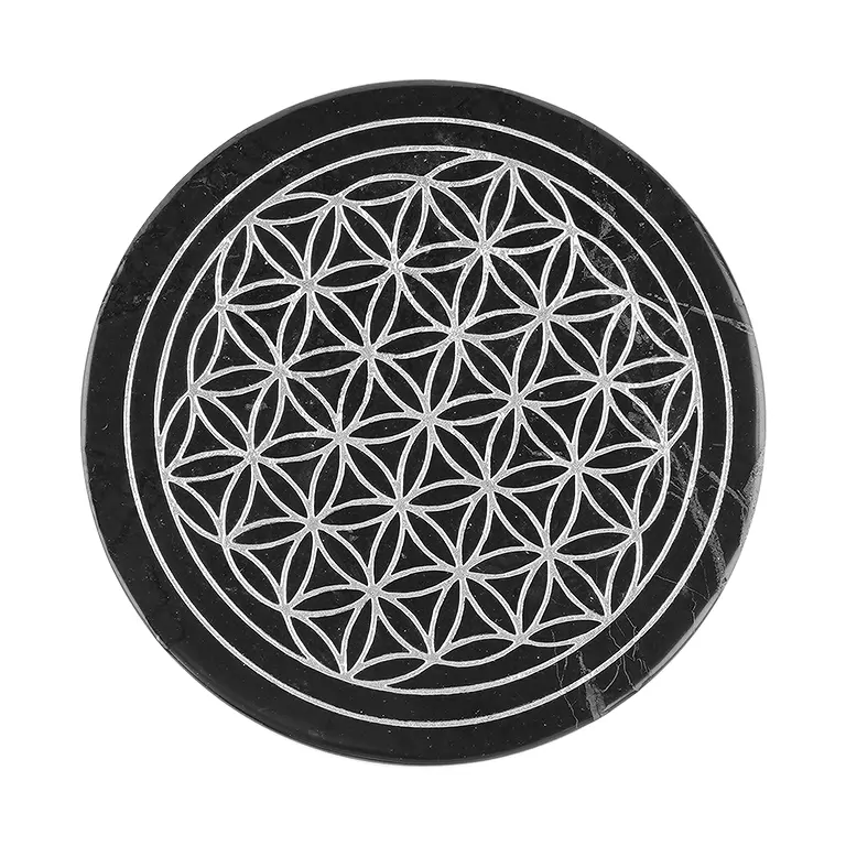 Scheibe Schungit "Blume des Lebens" silberfarben, 9cm